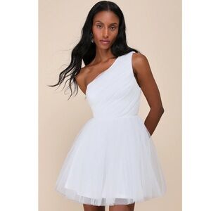 Lulu’s White Exceptional Moments Swiss Dot One Shoulder Tool Mini Dress NEW